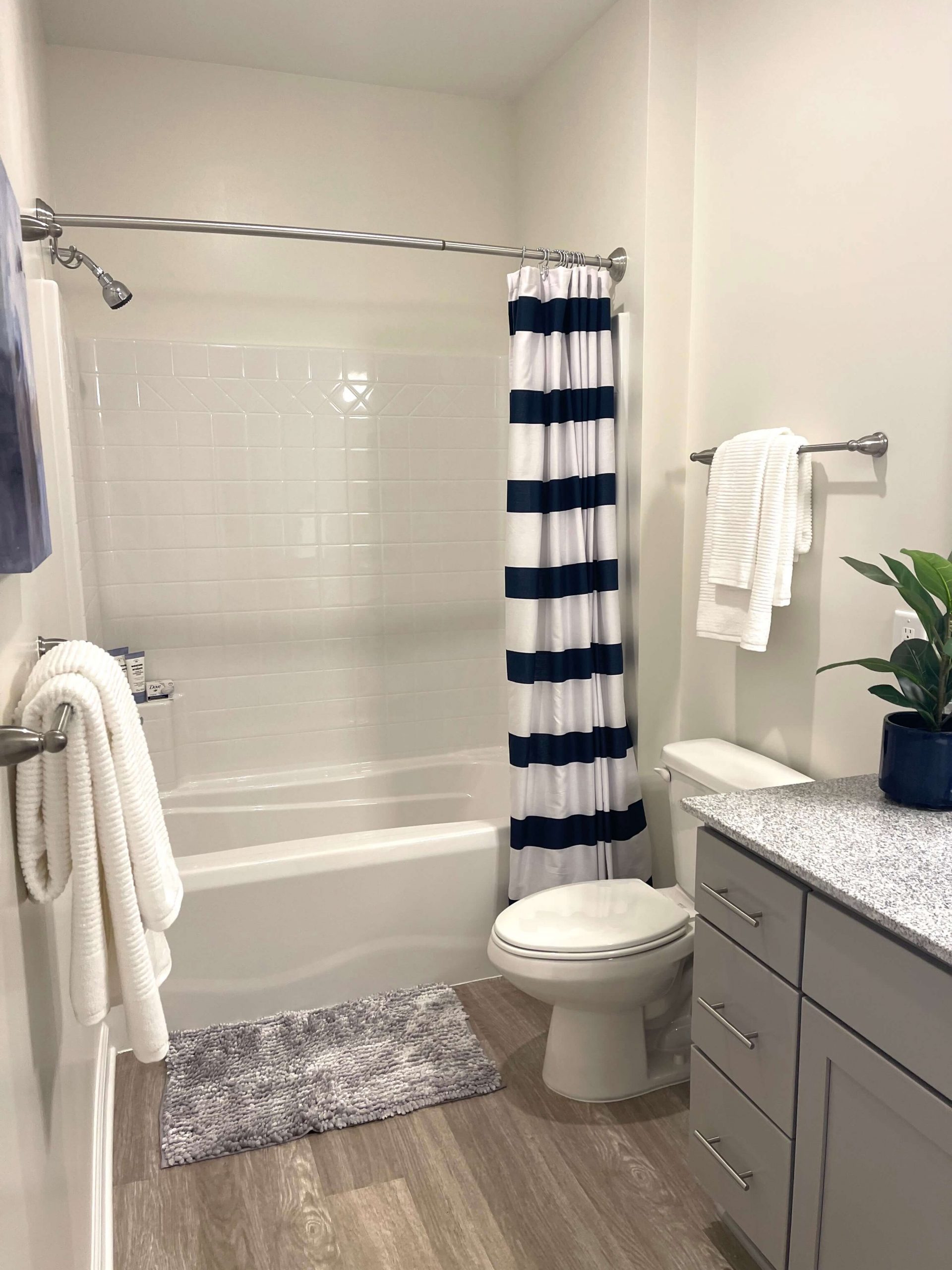 bathroom with striped curtain