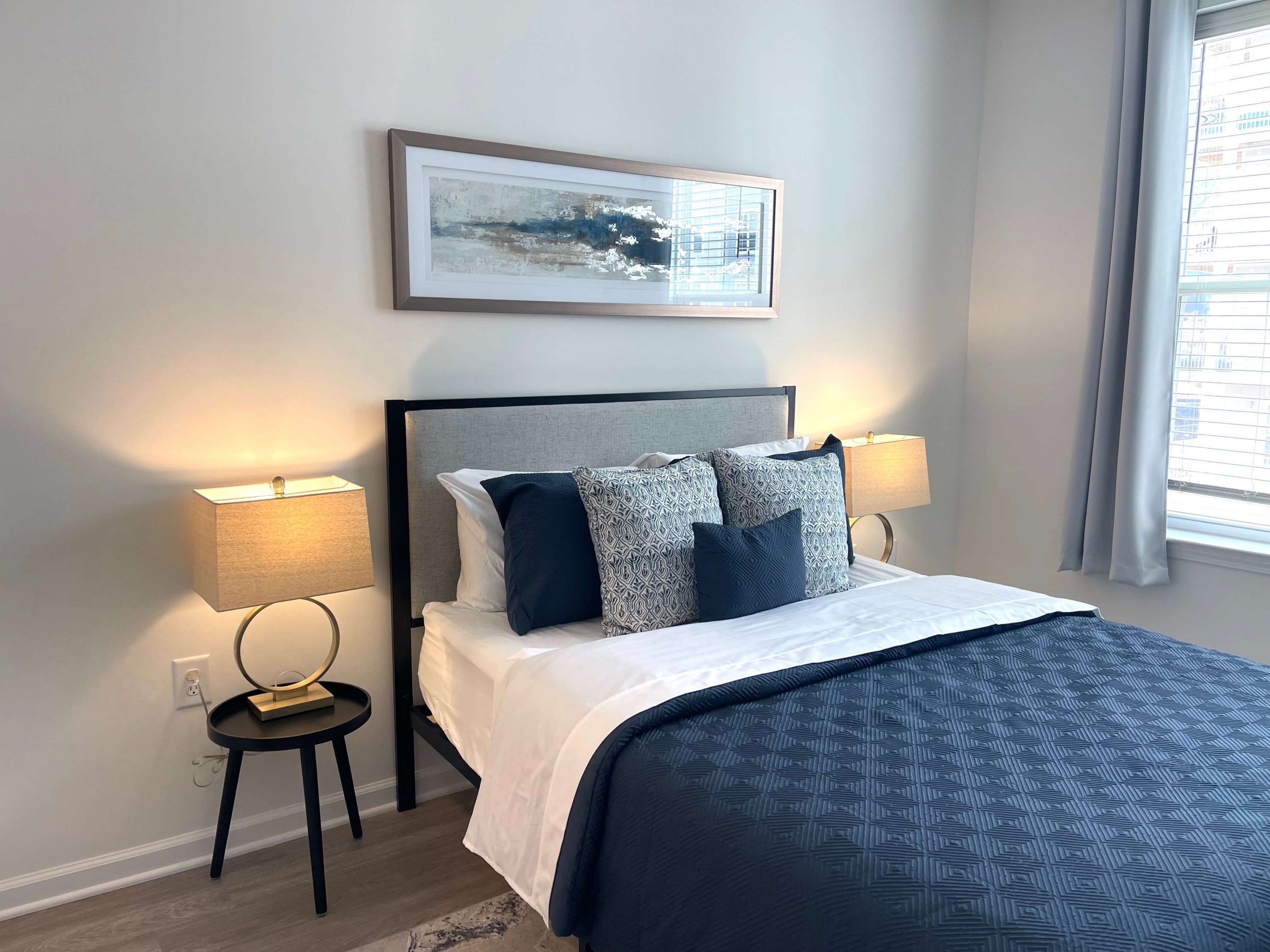 bedroom with blue blanket