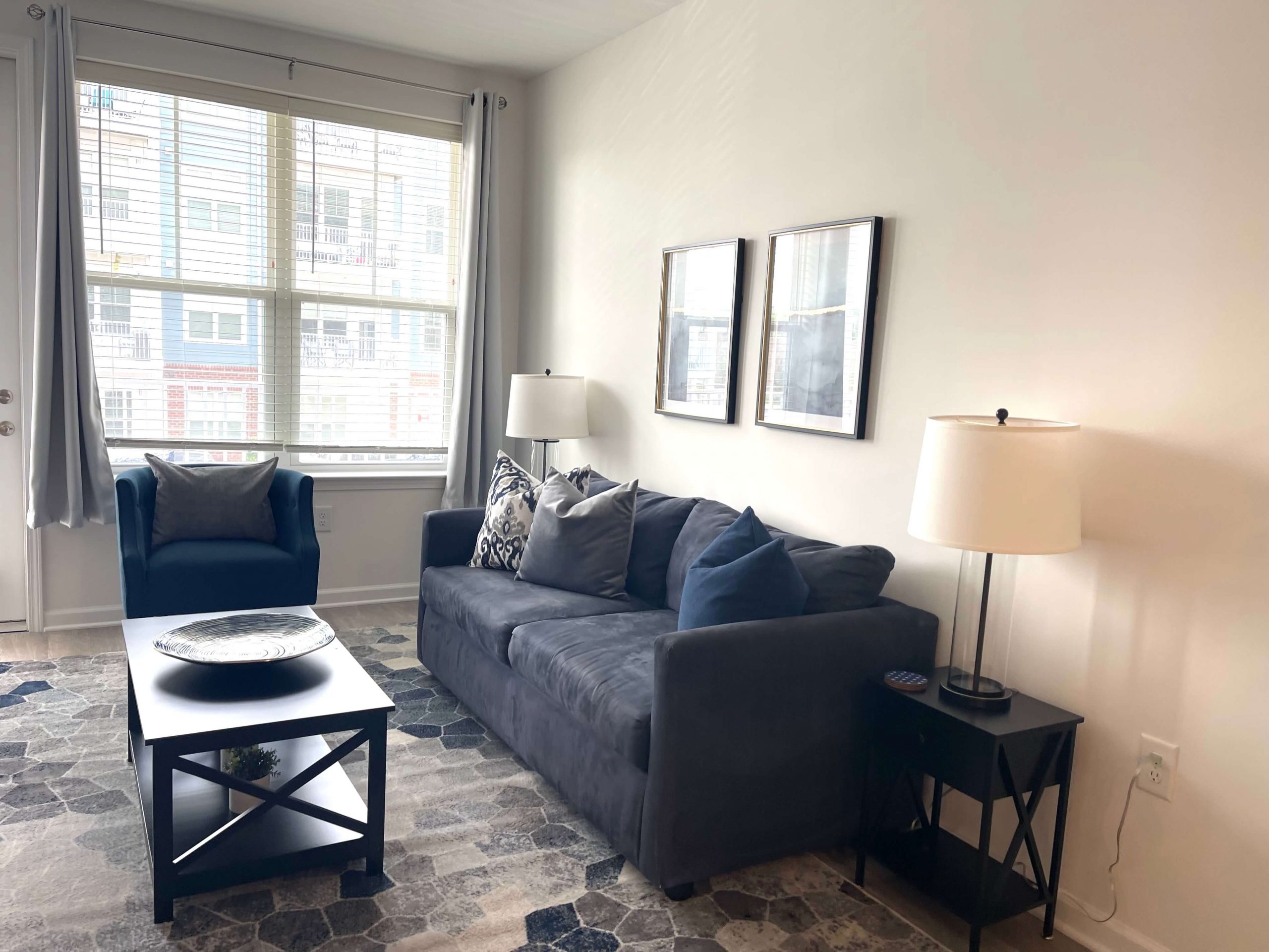 gray sofa and blue chair