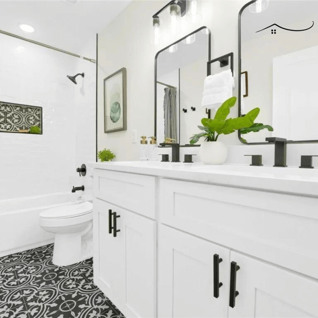 White and black bathroom with plants
